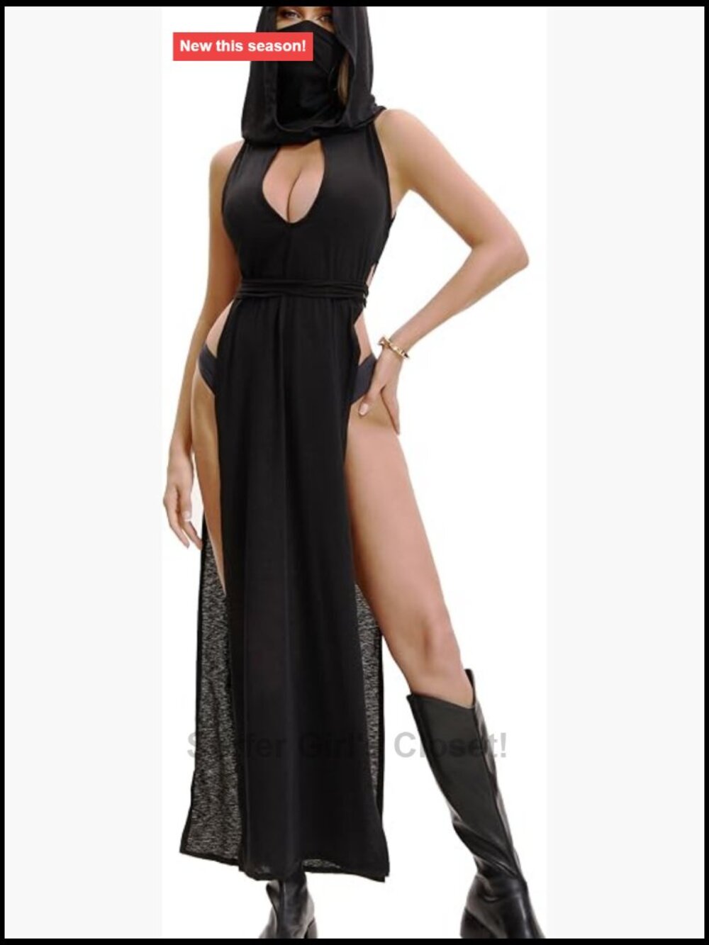 Sexy Maxi Gothic Dress High Neck Hood Sleeveless Cut Out Sheer Mesh Elastic